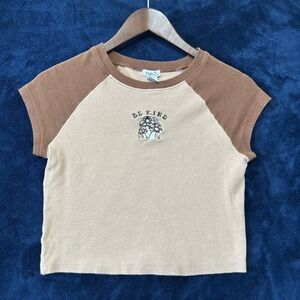 Vintage Rue 21 Y2K Cropped Top Size L Ribbed Brown Embroidered Sporty